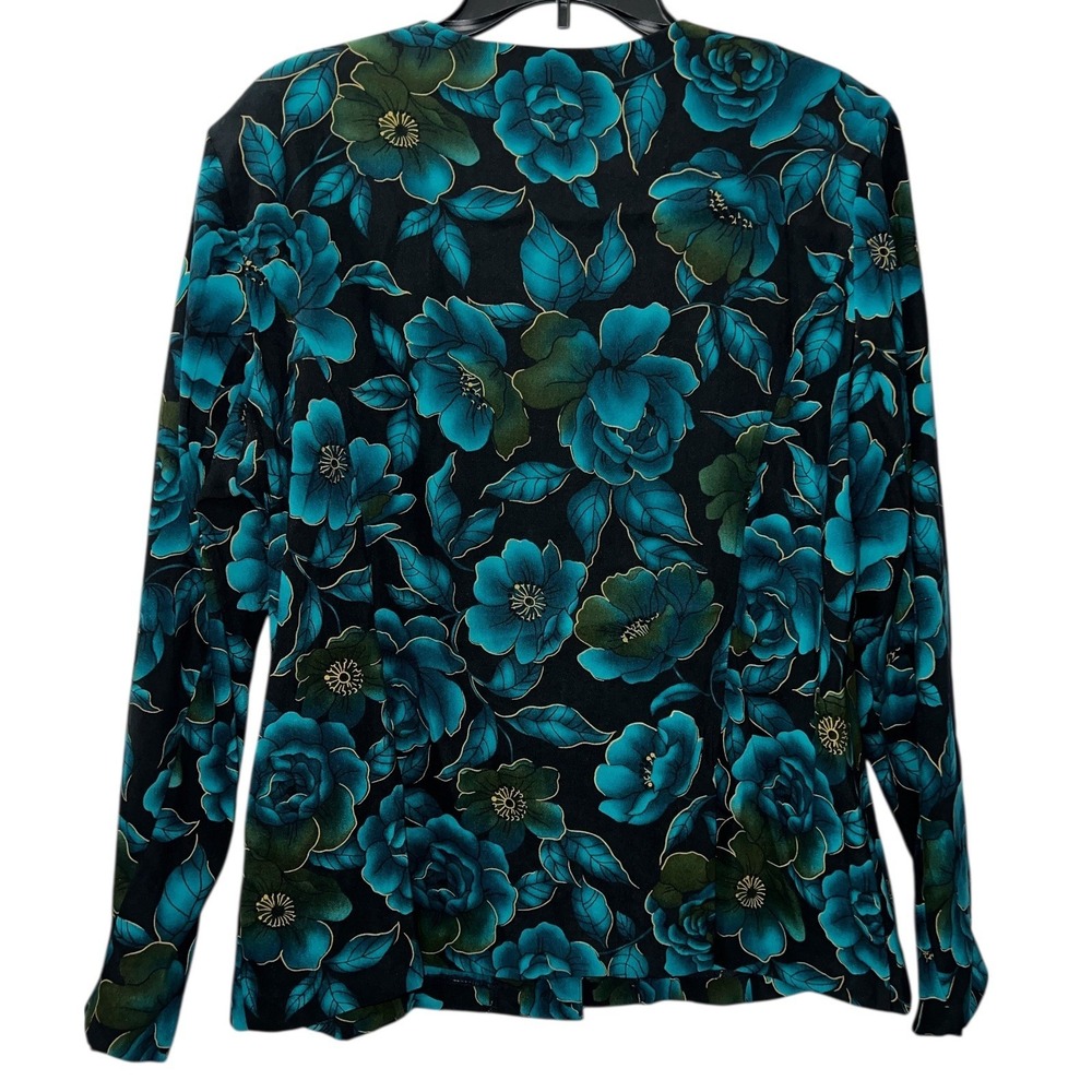 Notations Teal Floral Button Front Blouse Top XL Stretch Long Sleeve Vintage 90s - Picture 7 of 8